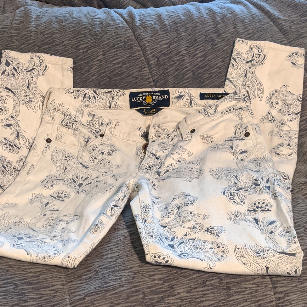 Paisley Skinny Jeans 2/26 Cream Blue Boho Whimsy Cottage Hippie Indie Elevated